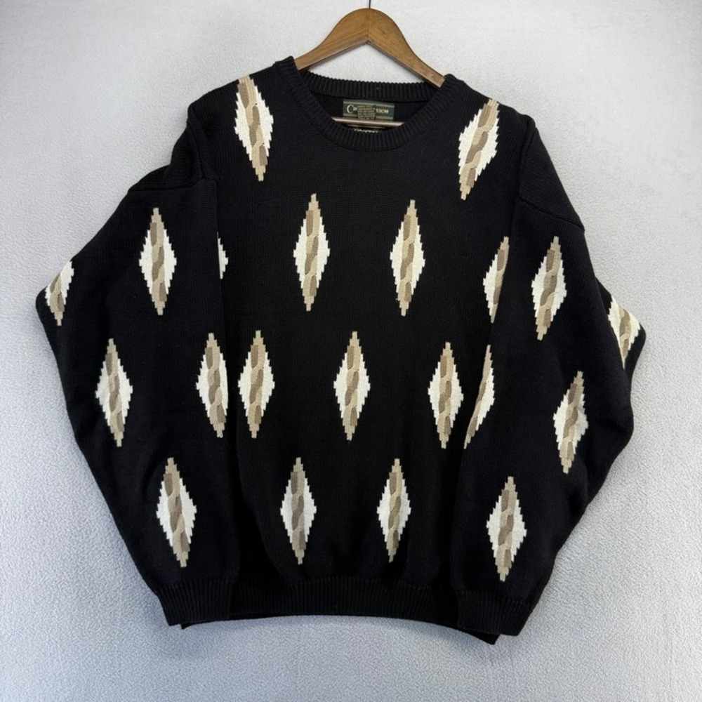 Vintage Croft Barrow Sweater Mens XL Black Diamond Chunky Cable Knit Geometric